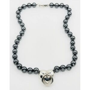 VTG 1995 Tiffany & Co Sterling Silver Hematite Ball Bead Heart Necklace Pendant